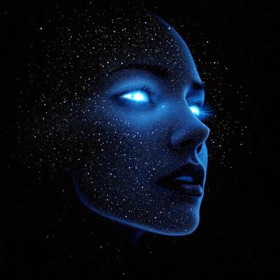 The primary subject of the image is a woman's face with blue eyes and a blue background. The visual style appears to be a digital art or illustration, as the woman's eyes are glowing with a blue light. The colors and mood of the image are predominantly blue, creating a serene and calming atmosphere.
